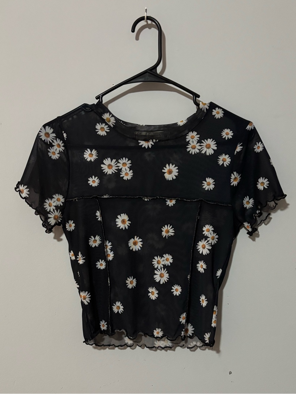 Daisy Print Black Mesh Short Sleeve Crop Top